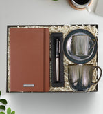 Kişiye Özel Kahverengi Defter & Metalik Gold Roller Kalem & Porselen Türk Kahvesi Fincanı & Çizgili Porselen Kupa Hediye Seti