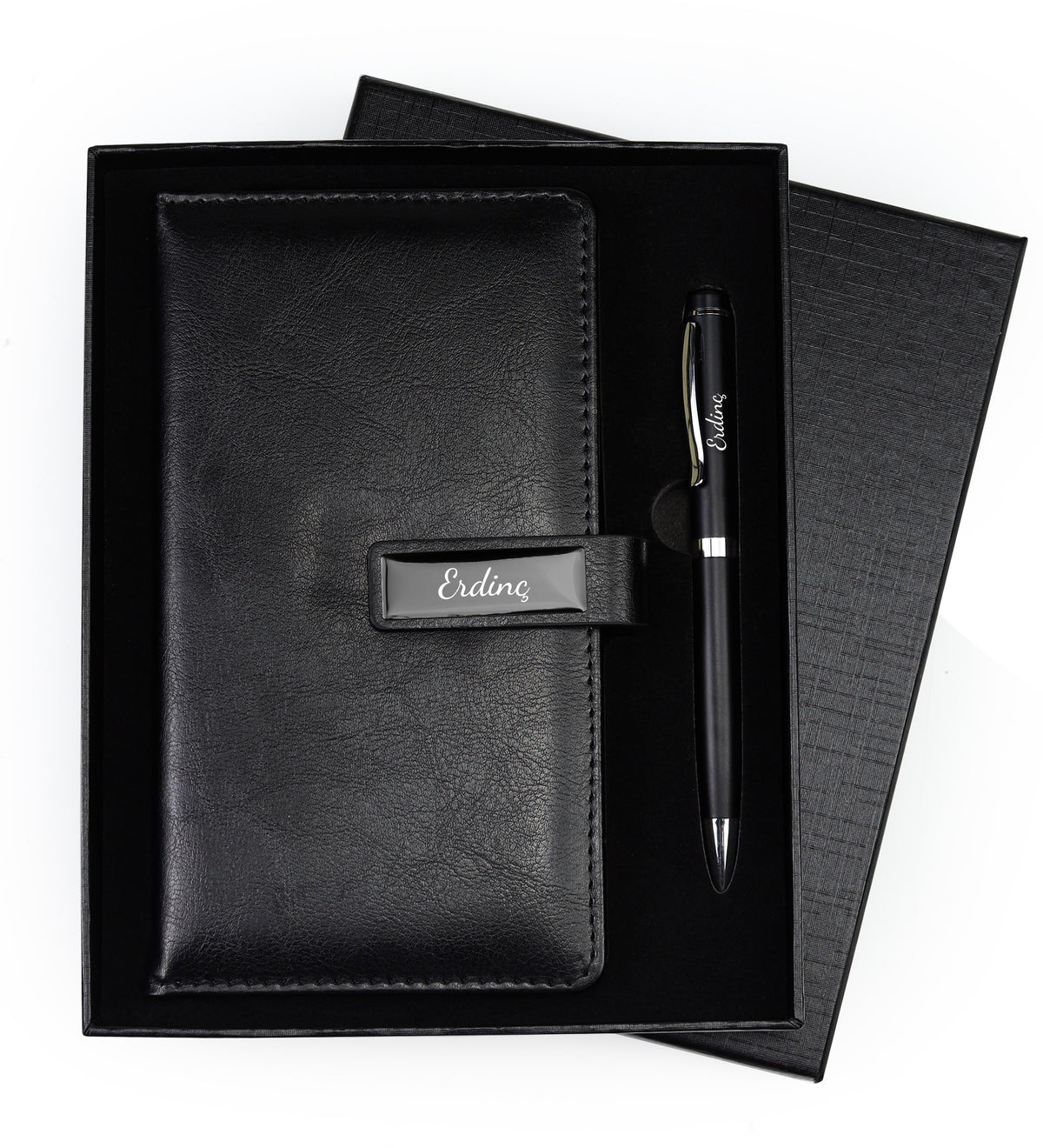 Yılbaşına Özel Kutusunda Kişiye Özel Dereceli Termos & Kalemli Defter Seti & Siyah Kupa & Godiva Çikolata & Çam Ağacı