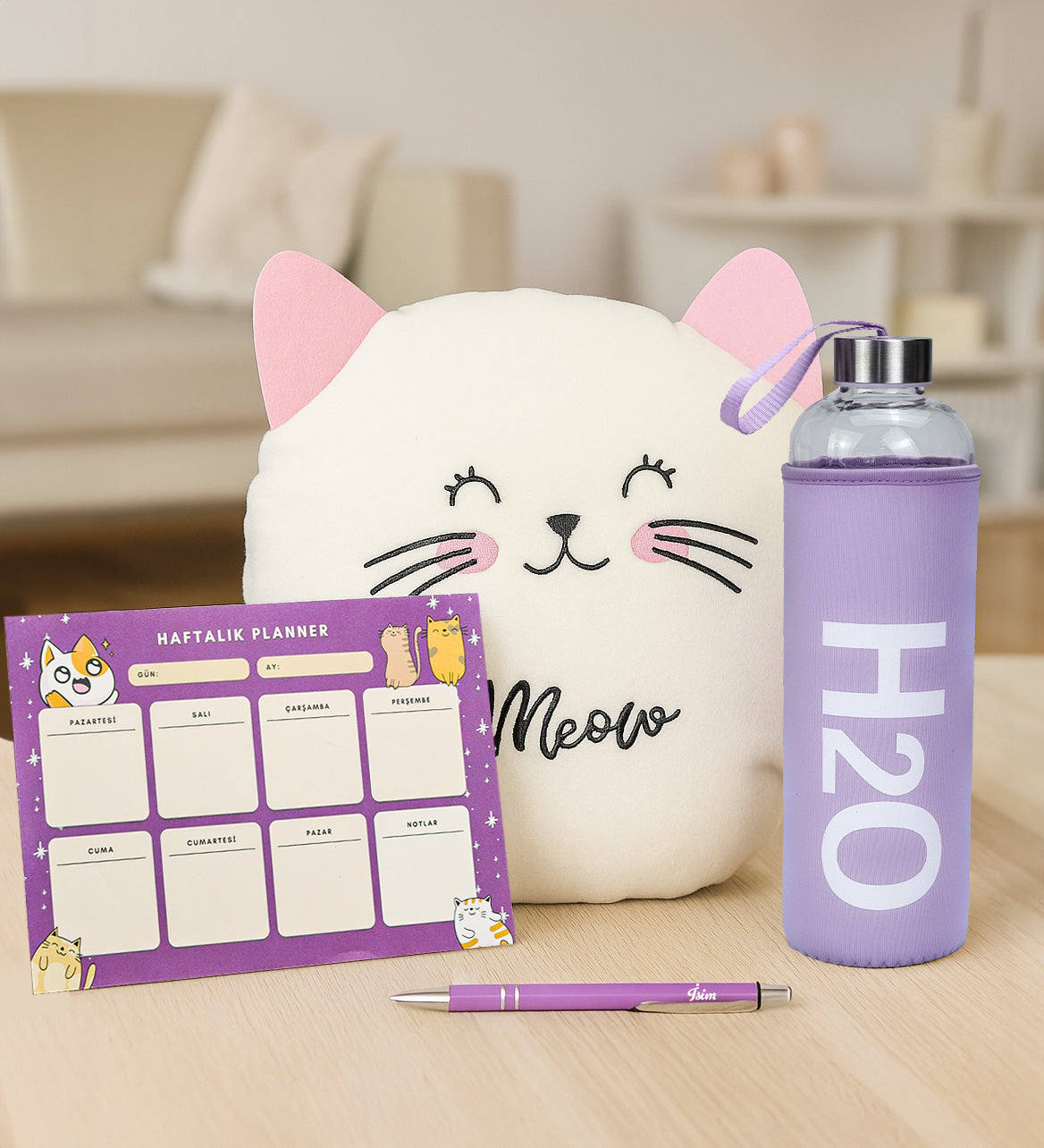 Kedi Yastık & Matara & Planner & Kalem Hediye Seti