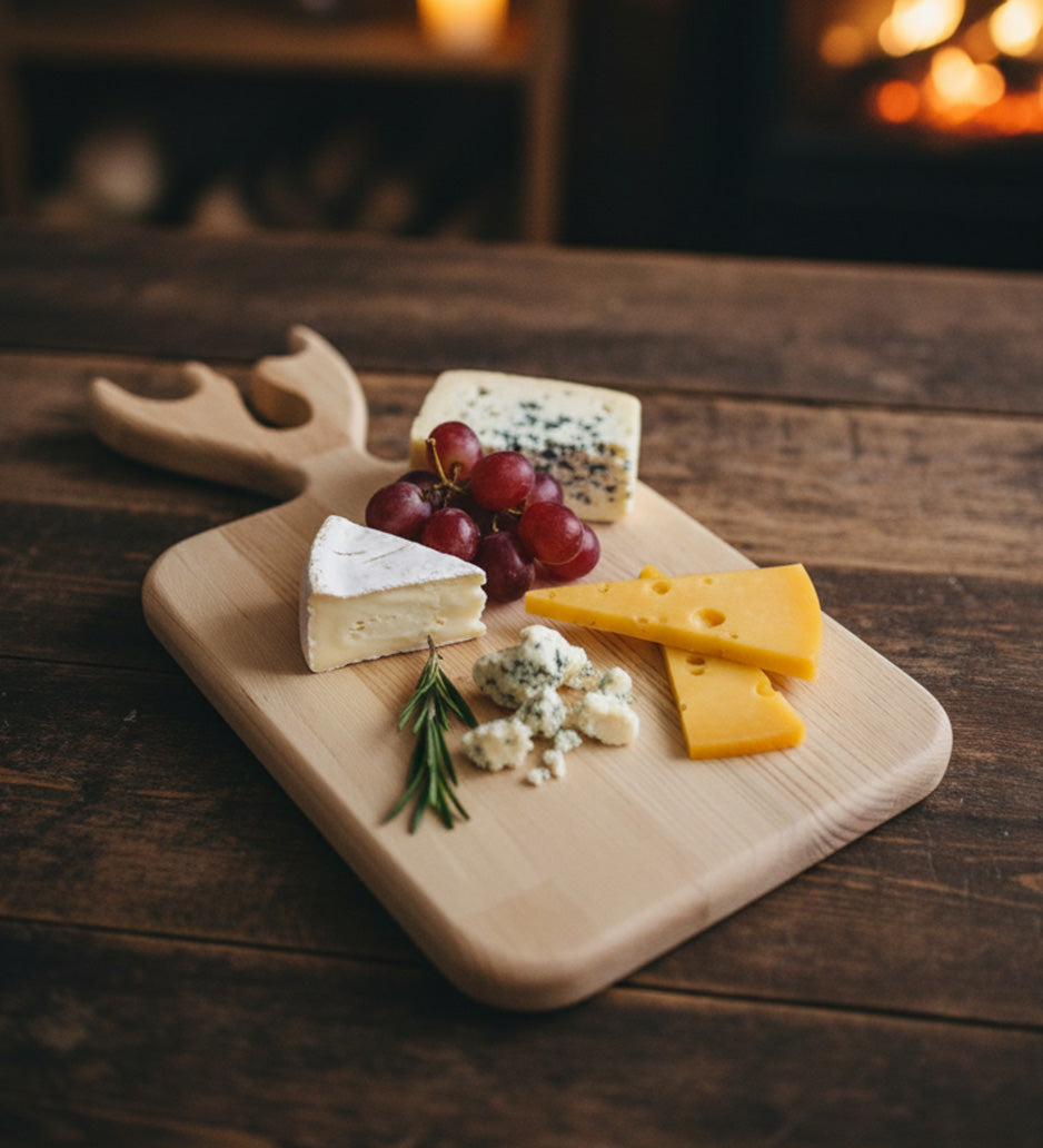 Geyik Kesme Tahtası & Yıldız Kulp Kupa & 4'lü Çerez Tabağı & Premium Çikolata & Ahşap Zeminli Mini Çam Ağacı & Karışık Kuruyemiş