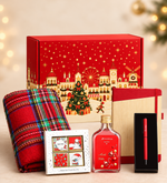 Kırmızı Şal & Bambu Kapak Defter & Roller Kalem & Ahşap Zeminli Mini Çam Ağacı & 200ML Kolonya & Madlen Çikolata Yılbaşı Hediye Seti