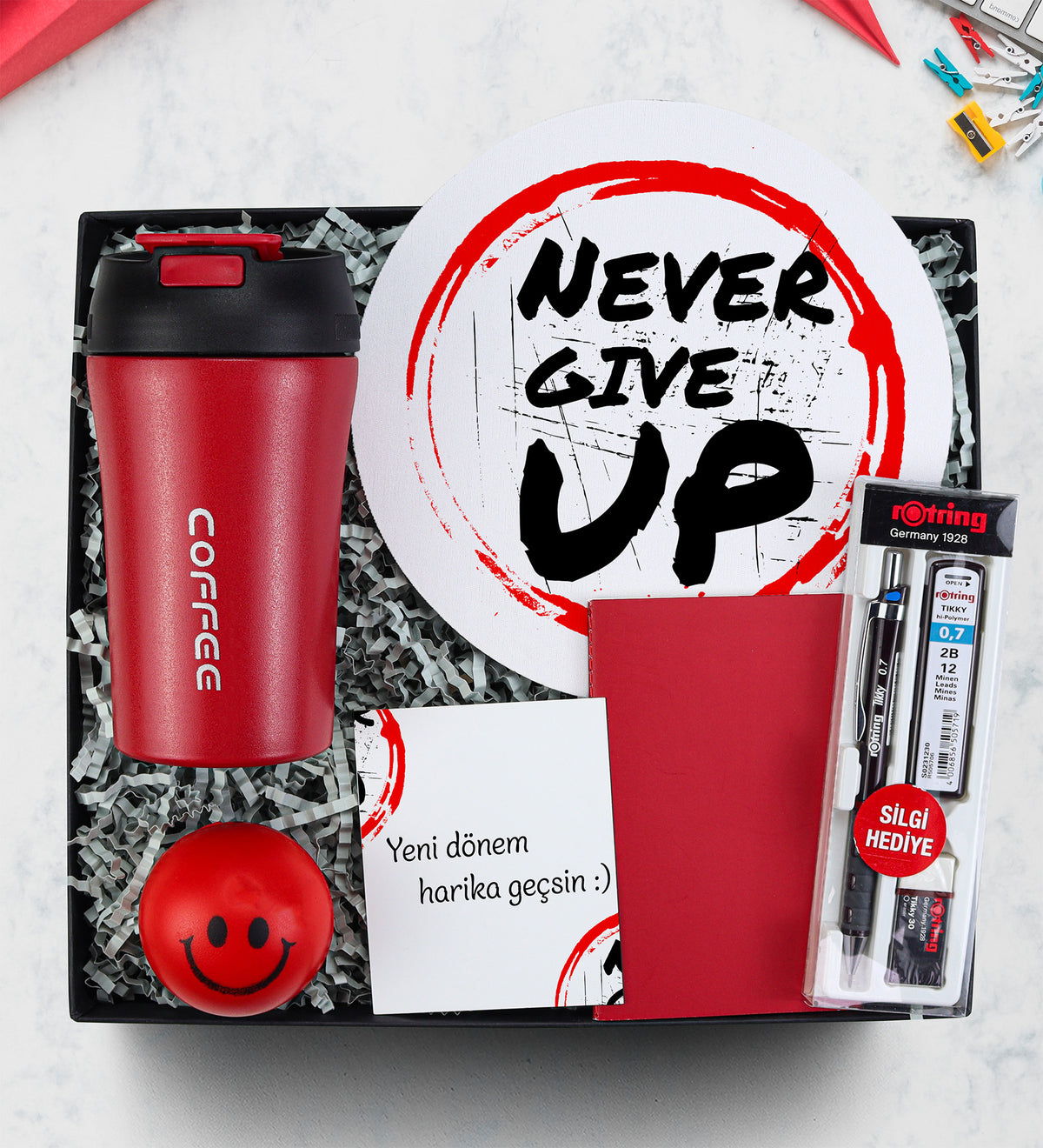 Termos & Mousepad & Rotring Kalem Seti & Dikişli Mini Not Defteri & Stres Topu Hediye Seti