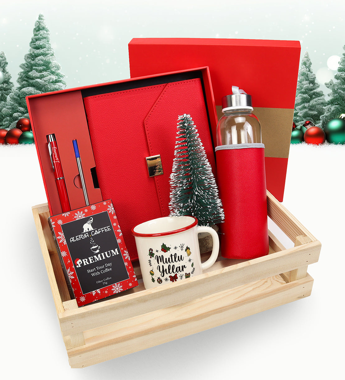 Kişiye Özel Defter Kalem Seti & Filtre Kahve & Mutlu Yıllar Kupa & Su Matarası & Mini Çam Ağacı Hediye Seti