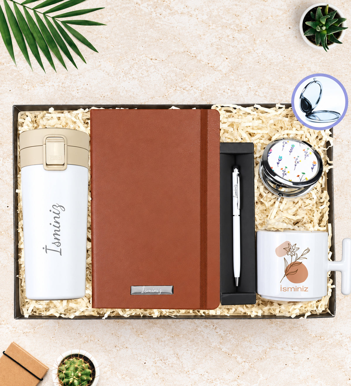 Kişiye Özel 350 ML Kilitli Çelik Termos & Defter & Beyaz Touch Pen & El Aynası & T Kupa Hediye Seti