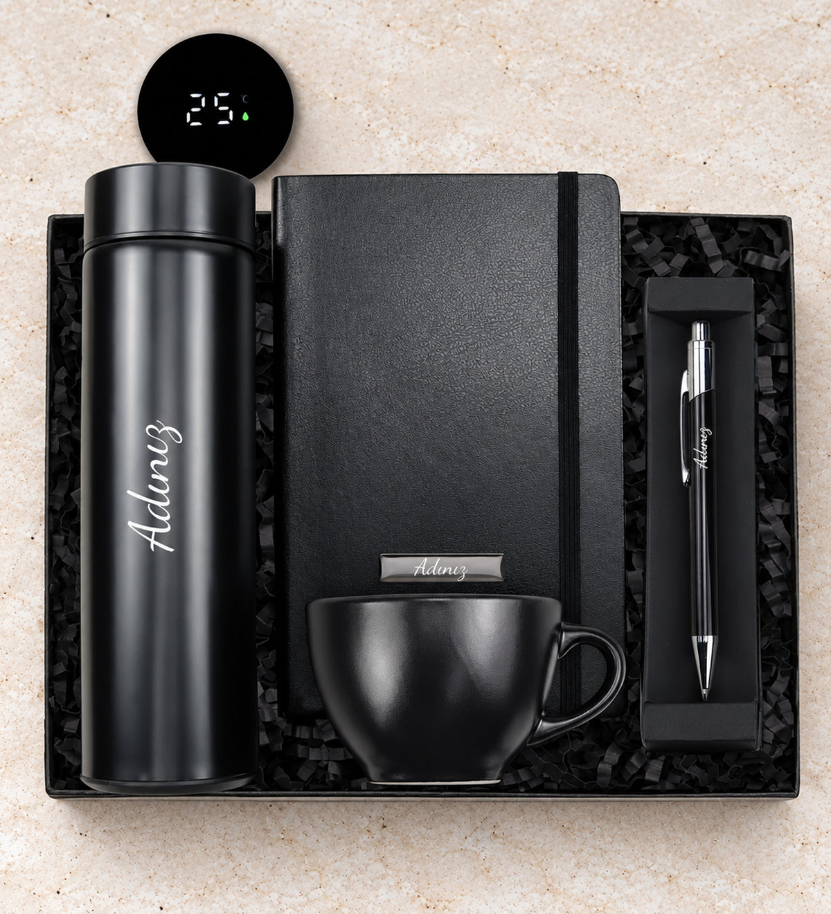 Kişiye Özel 500 ML Dereceli Siyah Çelik Termos & Siyah Touch Pen & Siyah Defter & Siyah Kupa Hediye Seti