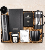 Kişiye Özel 500 ML Siyah Renk Dereceli Termos & Siyah Defter & Siyah French Press & Siyah Mat Kupa & Alerya Premium Filtre Kahve & Vanilya Kokulu Trendmiya Bardak Mum Hediye Seti