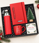 Kişiye Özel Defter & Gümüş Renk Detaylı Kırmızı Tükenmez Kalem & Özel Deri Kılıflı 500Ml Kırmızı Su Matarası & Kırmızı Yılbaşı Kupa & Ahşap Zeminli Mini Çam Ağacı Hediye Seti