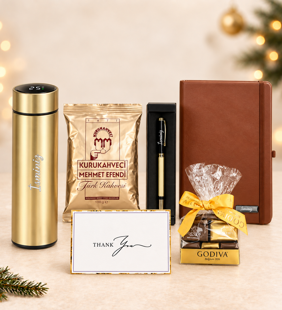 Kişiye Özel Gold Roller Kalem & Kahverengi Defter & 500 ML Gold Renk Dereceli Termos & Mehmet Efendi Türk Kahvesi & Godiva Napoliten Çikolata Hediye Seti
