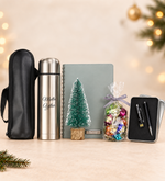 Kişiye Özel Gri Spiralli Yeni Yıl Tarihli Ajanda & 500 ML Deri Çantalı Gri Çelik Termos & 32 Gb Usb Siyah Kalem & Ahşap Zeminli Mini Çam Ağacı & Lavi Çikolata Hediye Seti