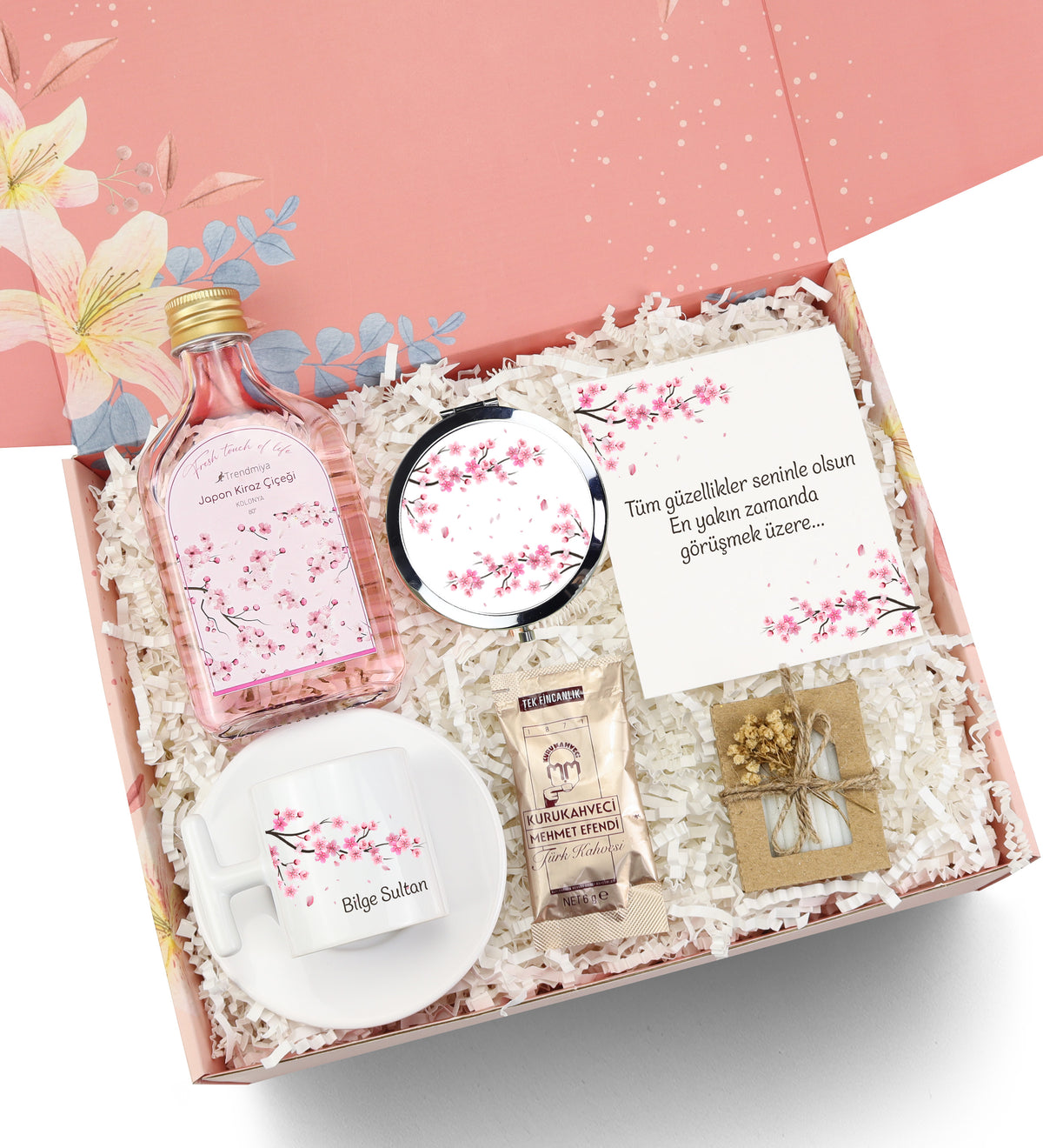 Kişiye Özel T Sakura Fincan & Tredmiya Kolonya & Ayna & Tek İçimlik Türk Kahvesi & Sabun Hediye Seti