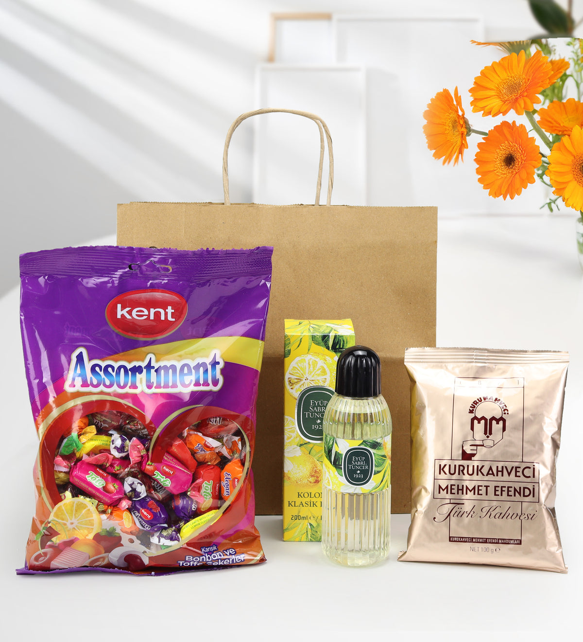 200 ml Eyüp Sabri Tuncer Kolonya & Kent Bayram Şekeri & Mehmet Efendi Türk Kahvesi Bayram Hediyesi