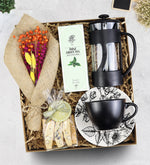 Çiçek Buketi & French Press & Rebul Kolonya & Siyah Çay Fincanı & Bademli Kurabiye Hediye Seti