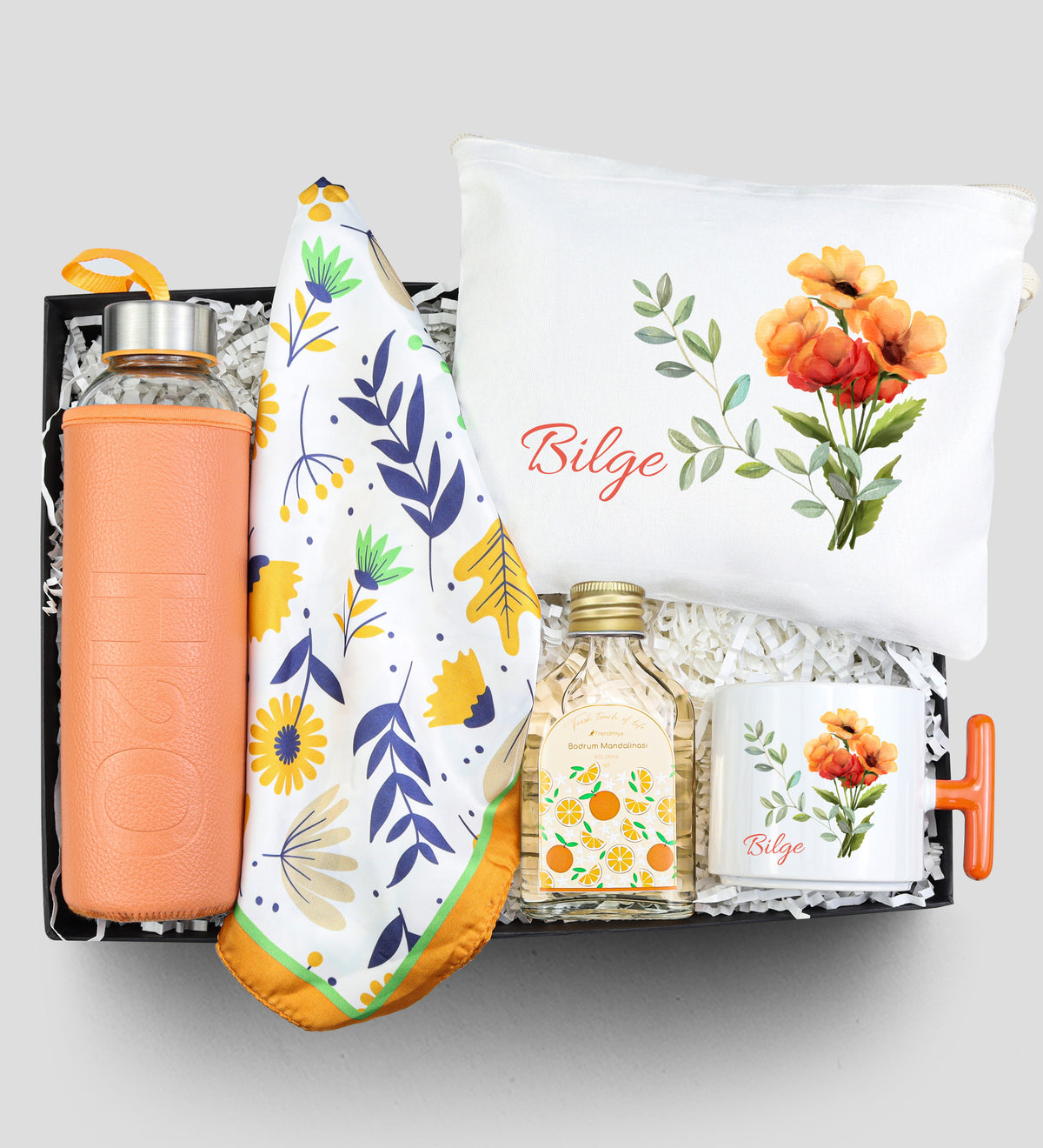 Turuncu Matara & Fular & 100ml Kolonya & Bez Çanta & Turuncu T Kupa