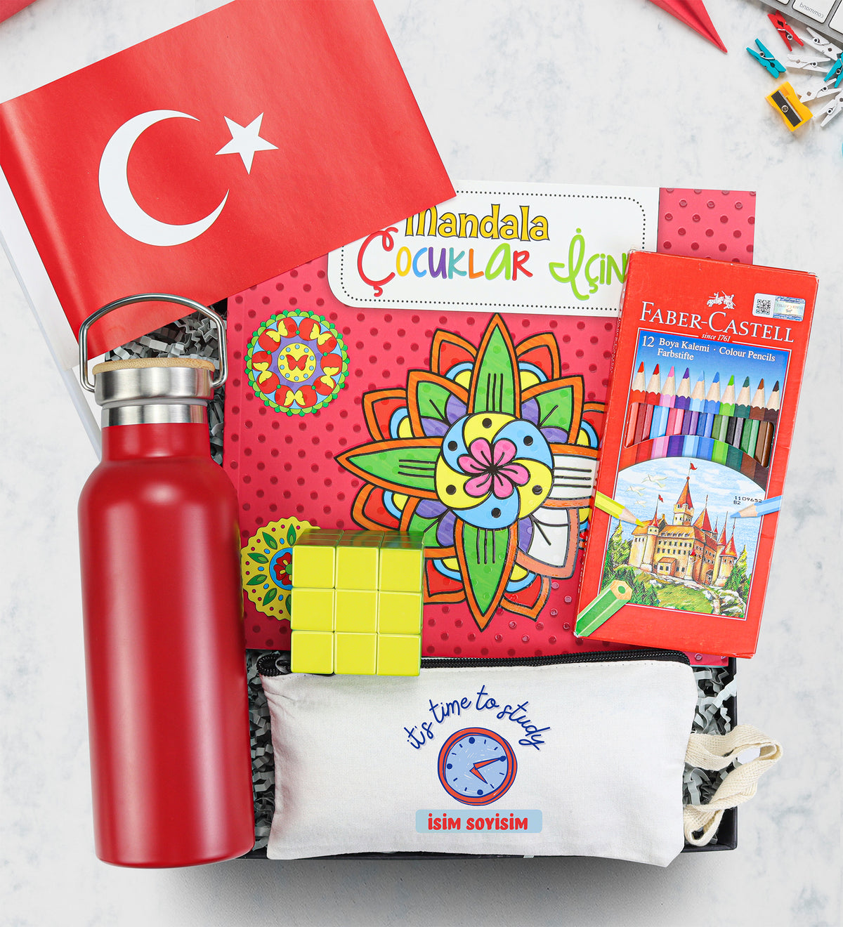 Matara & Mandala & Zeka Küpü & Faber Castell Kuru Boya & Kalemlik & Bayrak Hediye Seti