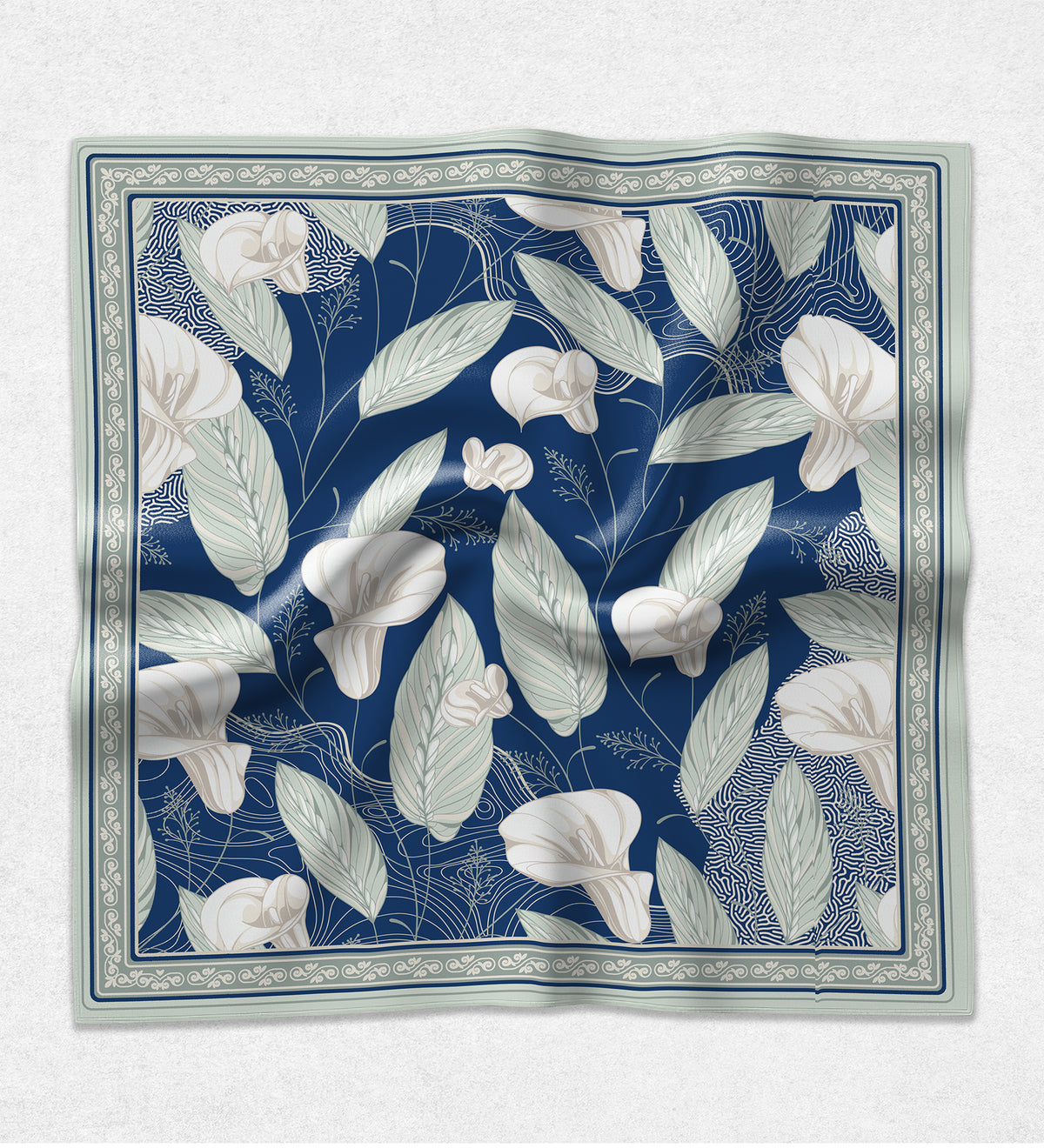 Mavi Çiçek Desenli Fular