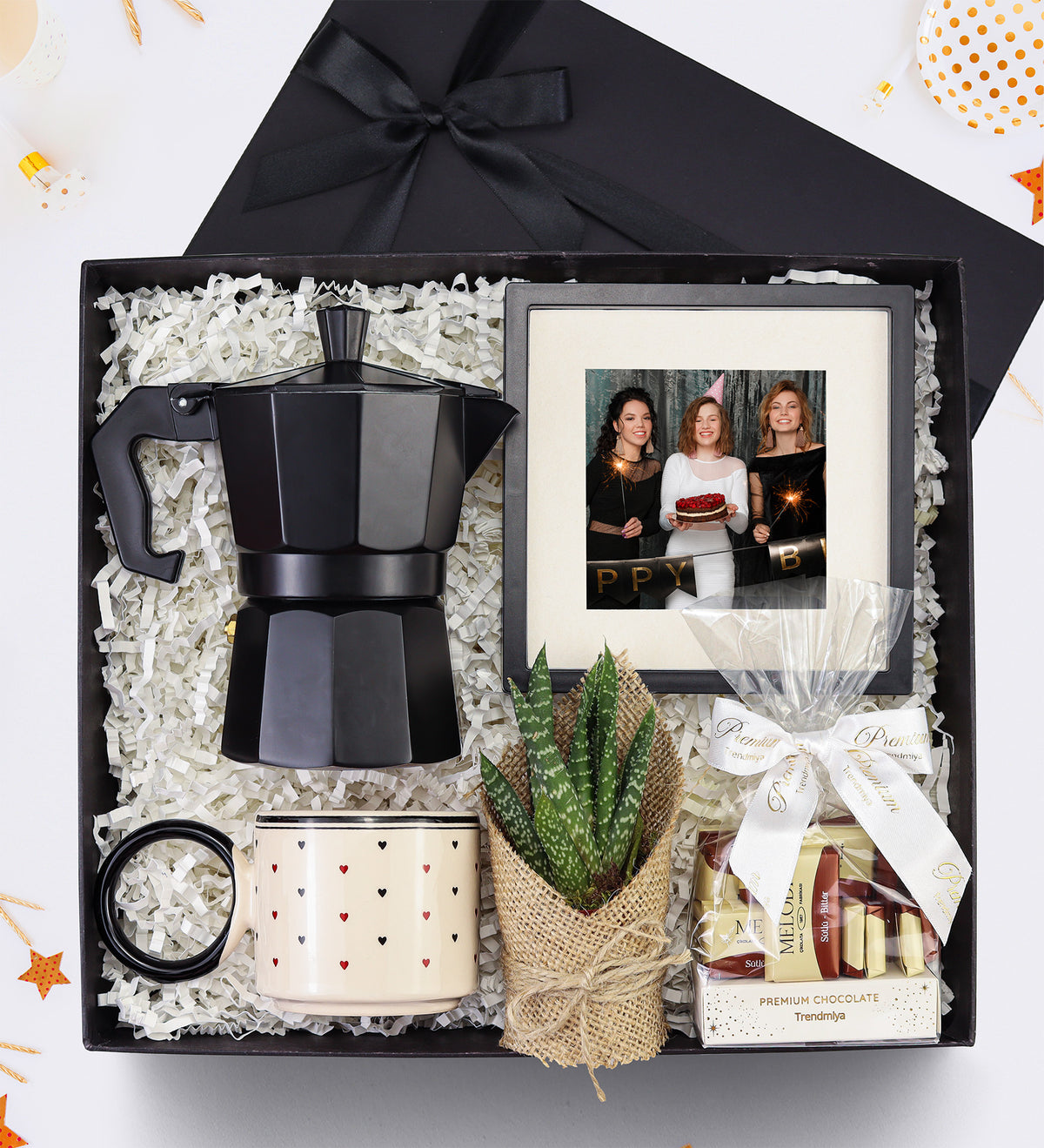 Mokapot & Paspartu Çerçeve & Sukulent & Kalpli Halka Kupa & Premium Çikolata Hediye Seti