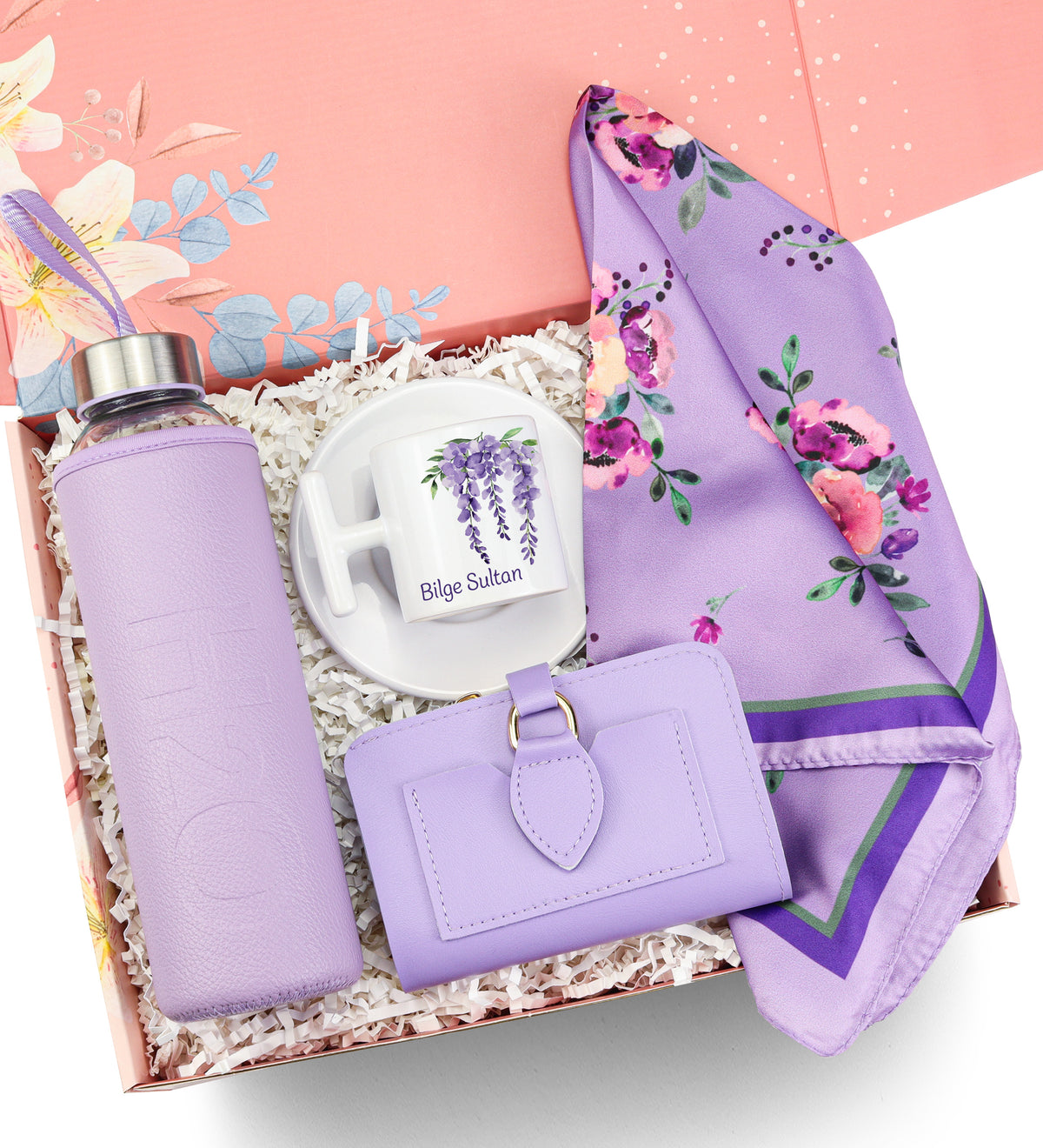 Kişiye Özel T Fincan & Mor Kılıflı Matara & Mor Çiçekli Fular & Lila Cüzdan