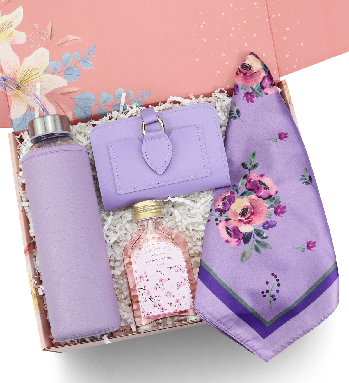 Deri Kılıflı Cam Matara & Mor Fular & Mor Yumuşak Deri Cüzdan & 100 ml Trendmiya Kolonya Hediye Seti