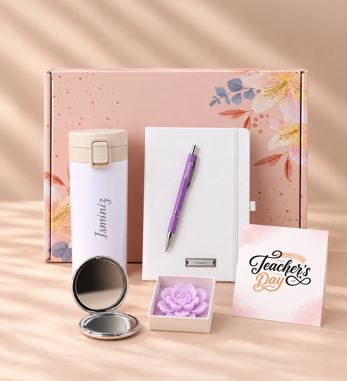 Öğretmenler Günü Kişiye Özel 350 ML Kilitli Çelik Termos & Beyaz Defter & Gümüş Renk Detaylı Mor Tükenmez Kalem & El Aynası & Lotus Mum Hediye Seti