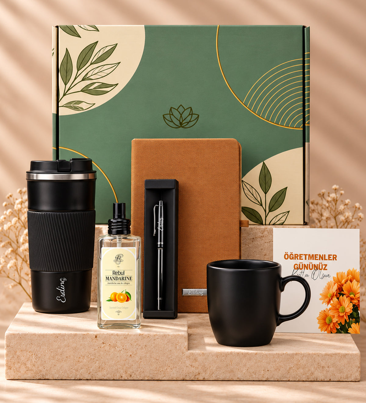 Öğretmenler Gününe Özel Kutusunda 500 ml Çelik Termos & Defter & Rebul Mandalina Kolonya & Metalik Roller Kalem & Siyah Kupa Hediye Seti
