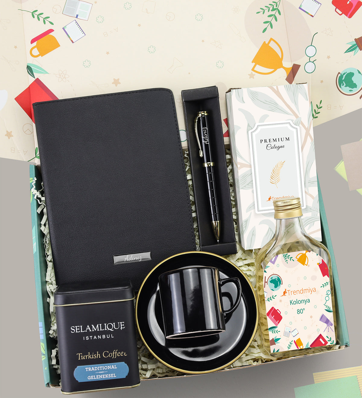 Yeni Yıl Ajanda & Kalem & Kolonya & Gold Detaylı Fincan & Selamlıque Hediye Seti