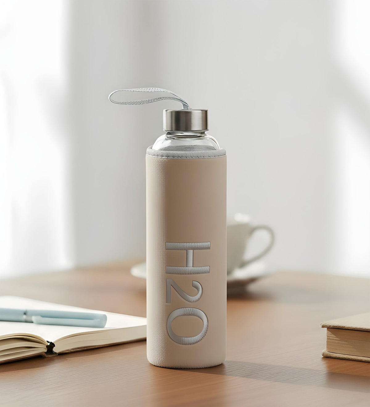 Bej 600ml Peluş Kılıflı Cam Matara