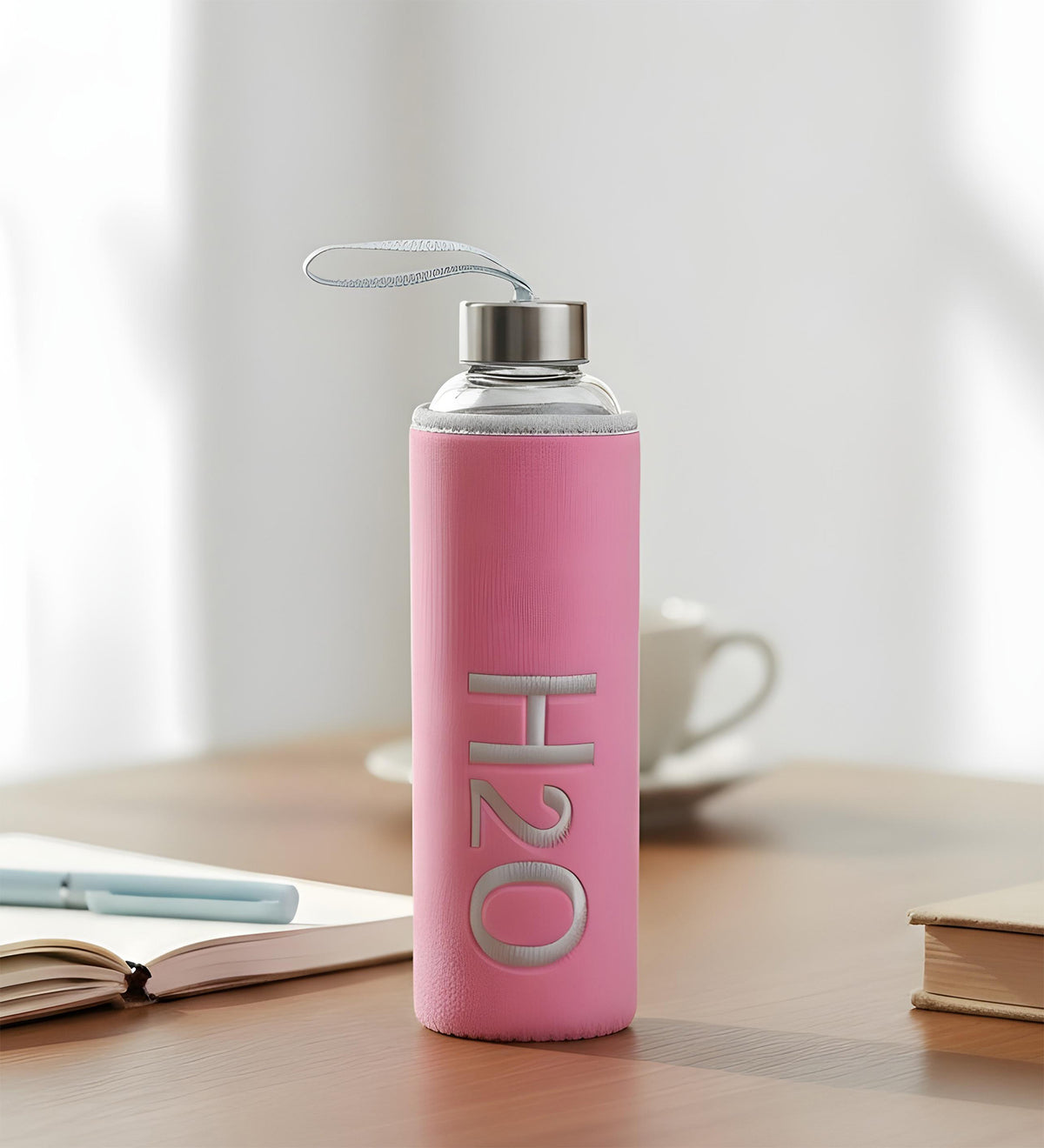 Pembe 600ml Peluş Kılıflı Cam Matara