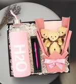 Pembe H2O Bez Kılıflı Cam Matara & Pembe Touchpen & 3'lü Pembe Ayıcık Buketi Hediye Seti