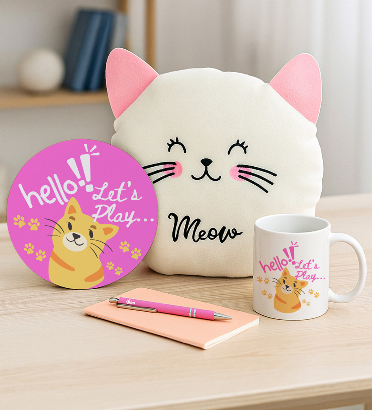 Kedi Yastık & Mousepad & Kupa & Dikişli Mini Not Defteri & Kalem Hediye Seti