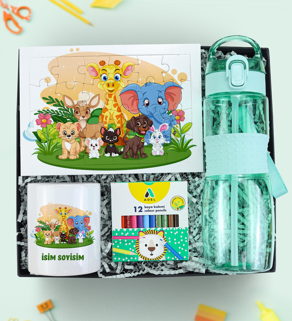 Puzzle & Matara & Kalemlik & Boya Kalemi Hediye Seti