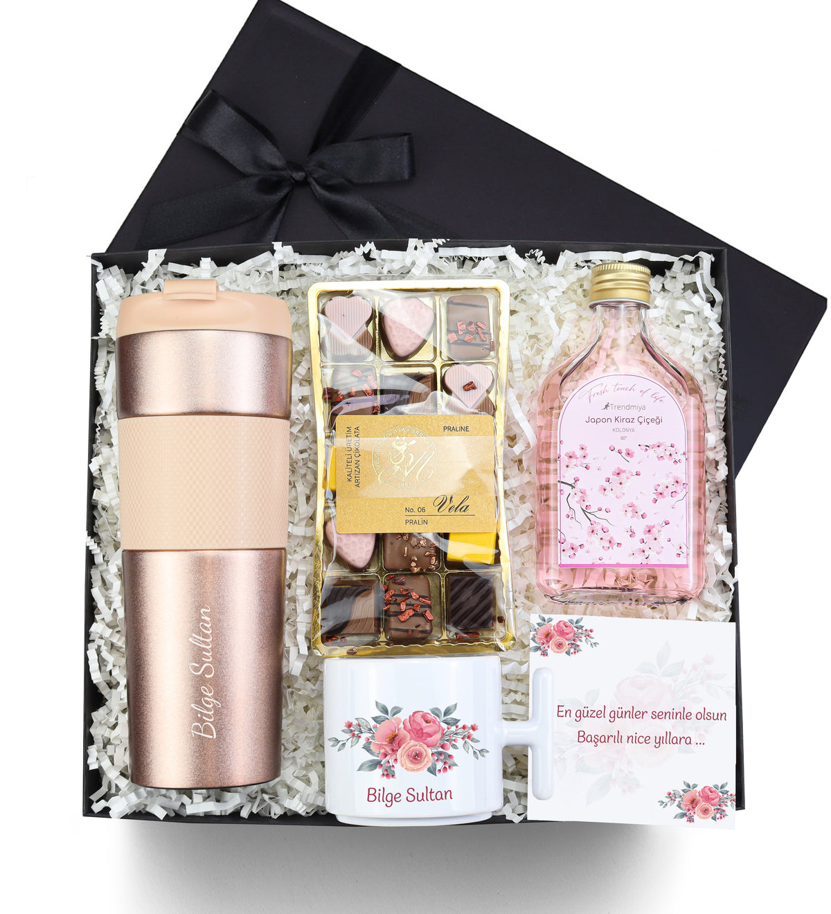 Kişiye Özel Termos & T Kupa & Melodi Vela Çikolata & Trendmiya Kolonya Hediye Seti