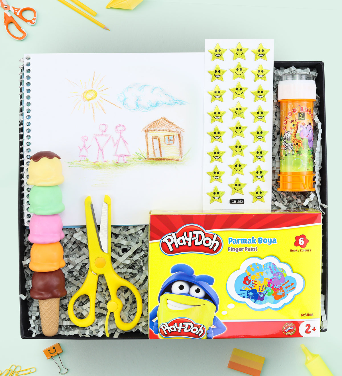 Resim Defteri & Play-Doh Parmak Boya & Köpük Baloncuk & Makas & Dondurma Fosforlu Kalem & Sticker Hediye Seti