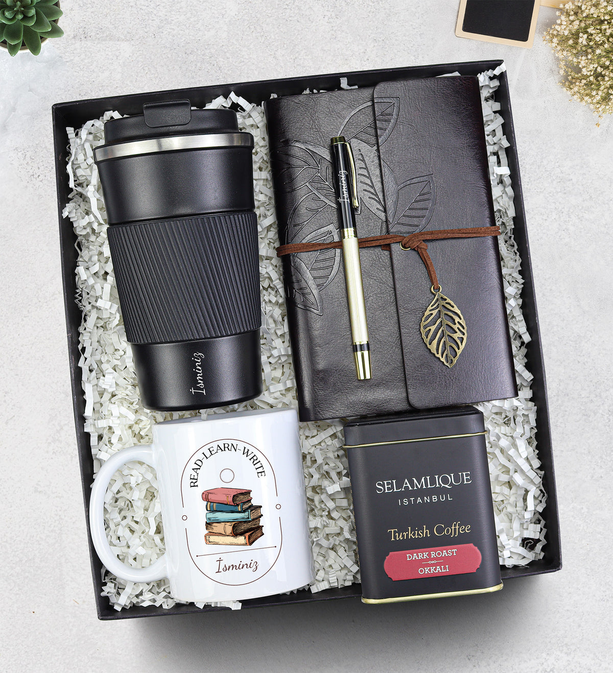 Silikon Halkalı 500 ml Termos & Anı-Seyehat Defteri & Gold Siyah Roller Kalem & Kupa & SelamlıqueHediye Seti