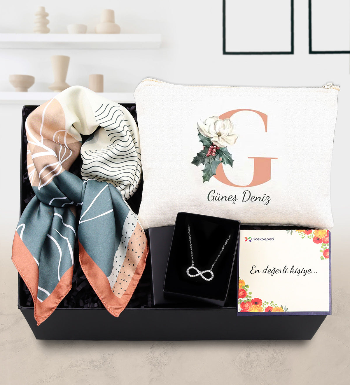 Kişiye Özel El Çantası & Kahverengi Tasarım Fular & Kolye Hediye Seti