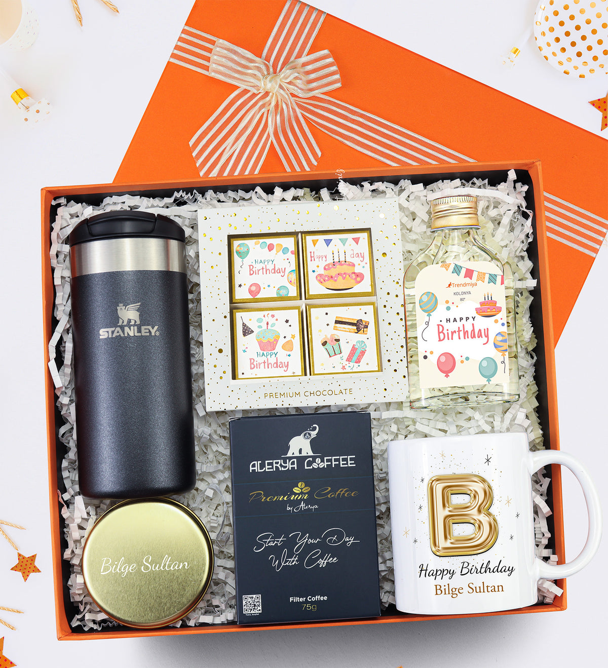 0,35 L Stanley & Premium Madlen Çikolata & Alerya Premium Filtre Kahve & Kupa & 100ml Kolonya & Metal Kutulu Mum Doğum Günü Hediye Seti