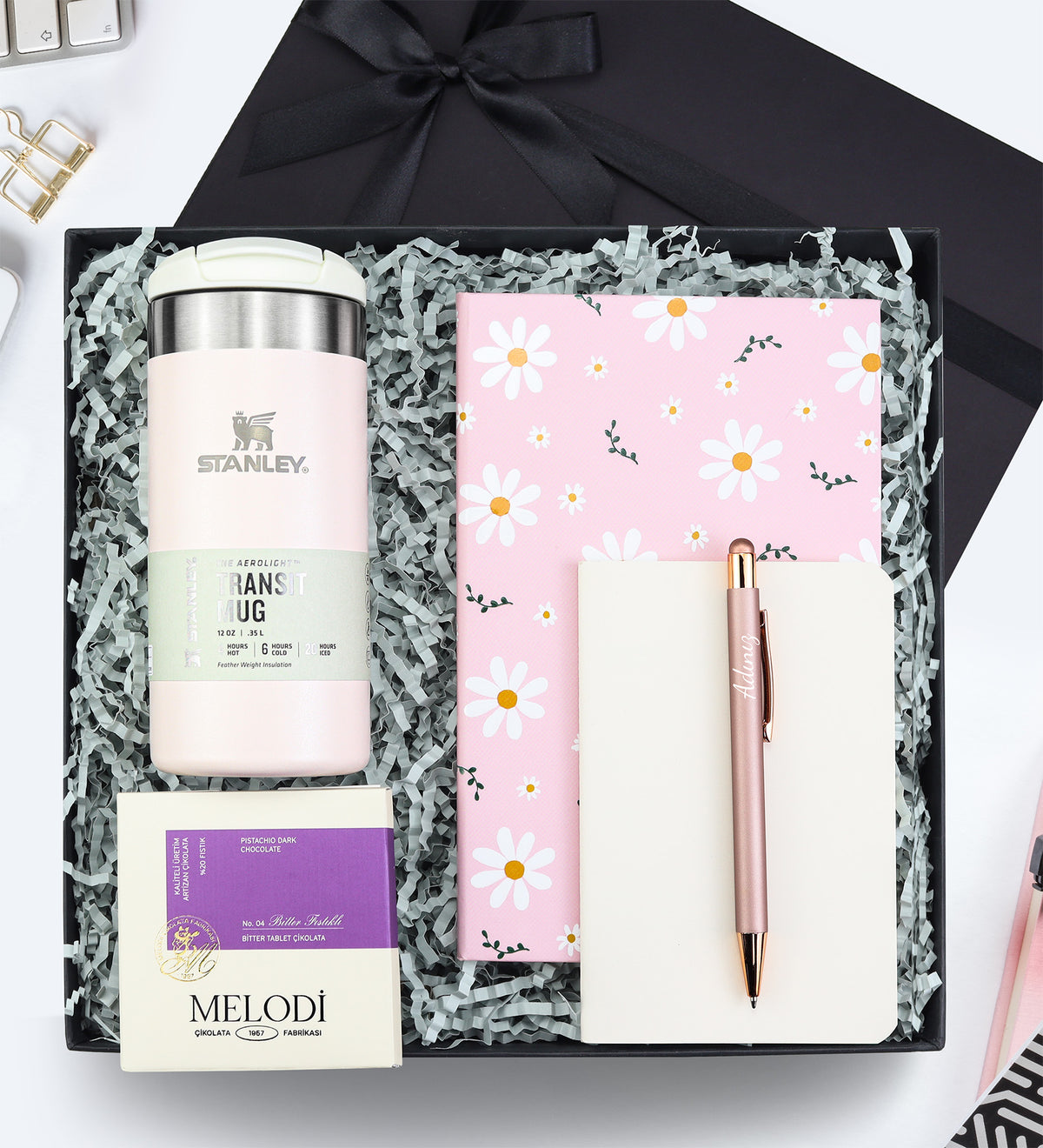 Stanley & Papatya Defter & Dikişli Mini Not Defteri & Rose Tükenmez Kalem & Melodi Çikolata Hediye Seti