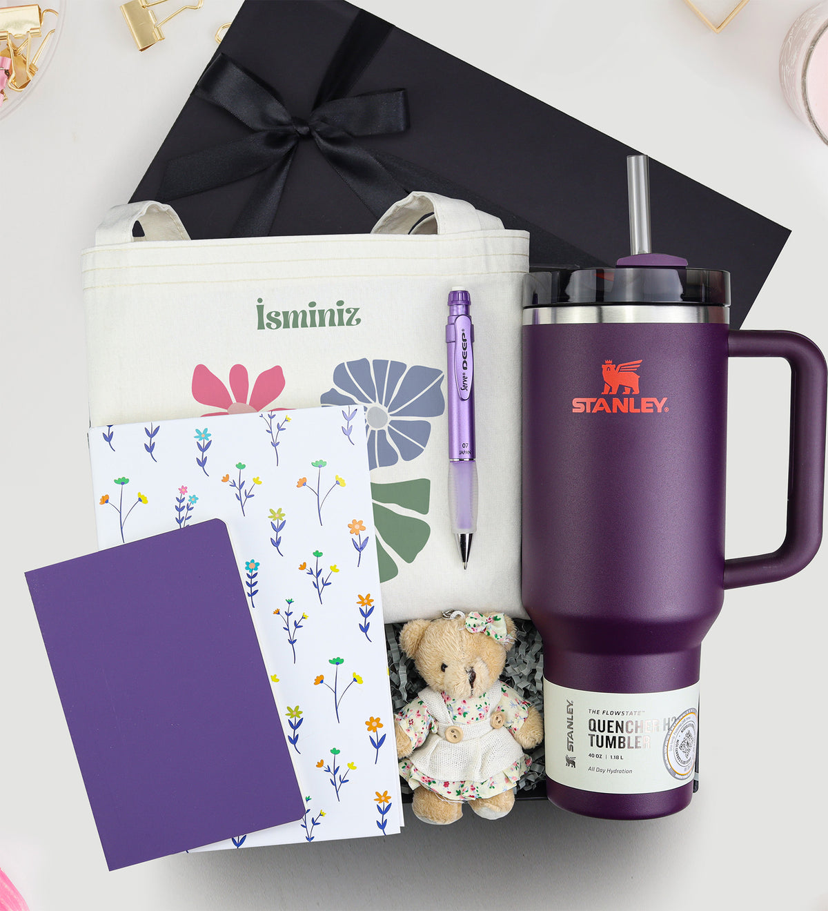 Stanley & Çanta & Serve Deep Uçlu Kalem & Beyaz Çiçekli Defter & Not Defteri & Ayıcık Anahtarlık Hediye Seti