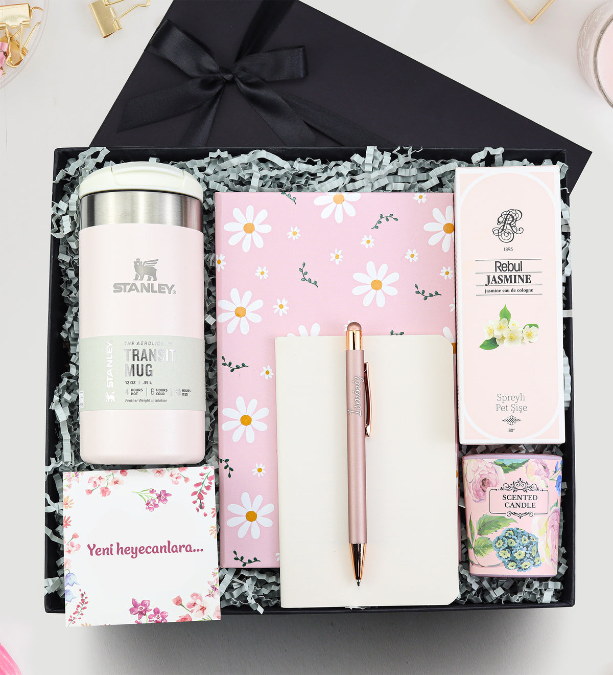 Stanley & Defter & Kalem & Dikişli Mini Not Defteri & Rebul Kolonya & Mum Hediye Seti