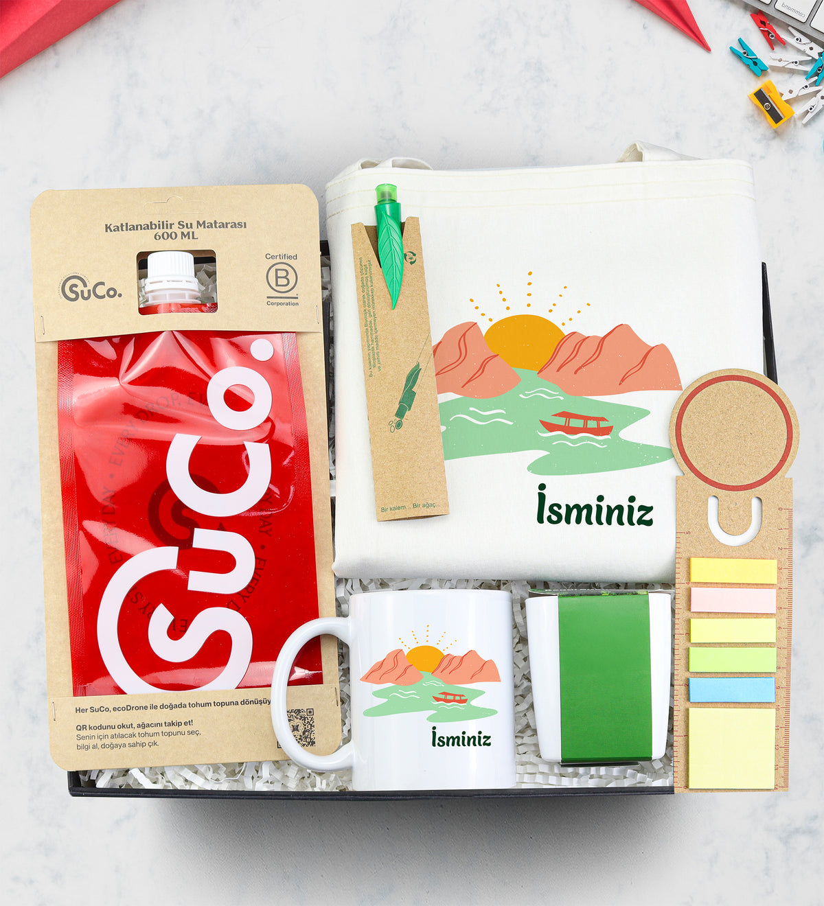 SuCo & Çanta & Tohumlu Tükenmez Kalem & Geri Dönüşüm Postit Kitap Ayracı & Bitki Dikim Kiti & Kupa Hediye Seti