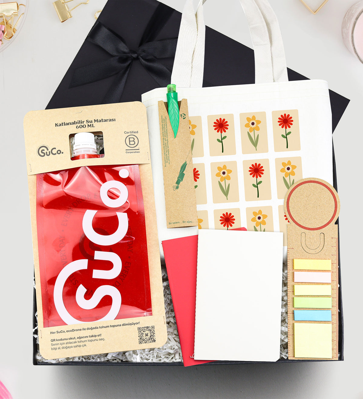 Suco & Çanta & Geri Dönüşüm Postit Kitap Ayracı & Tohumlu Tükenmez Kalem & 2'li Dikişli Mini Not Defteri Hediye Seti