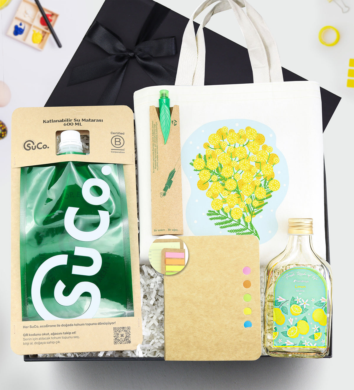 SuCo & Çanta & Tohumlu Tükenmez Kalem & Geri Dönüşüm Postit Defter & Kolonya Hediye Seti
