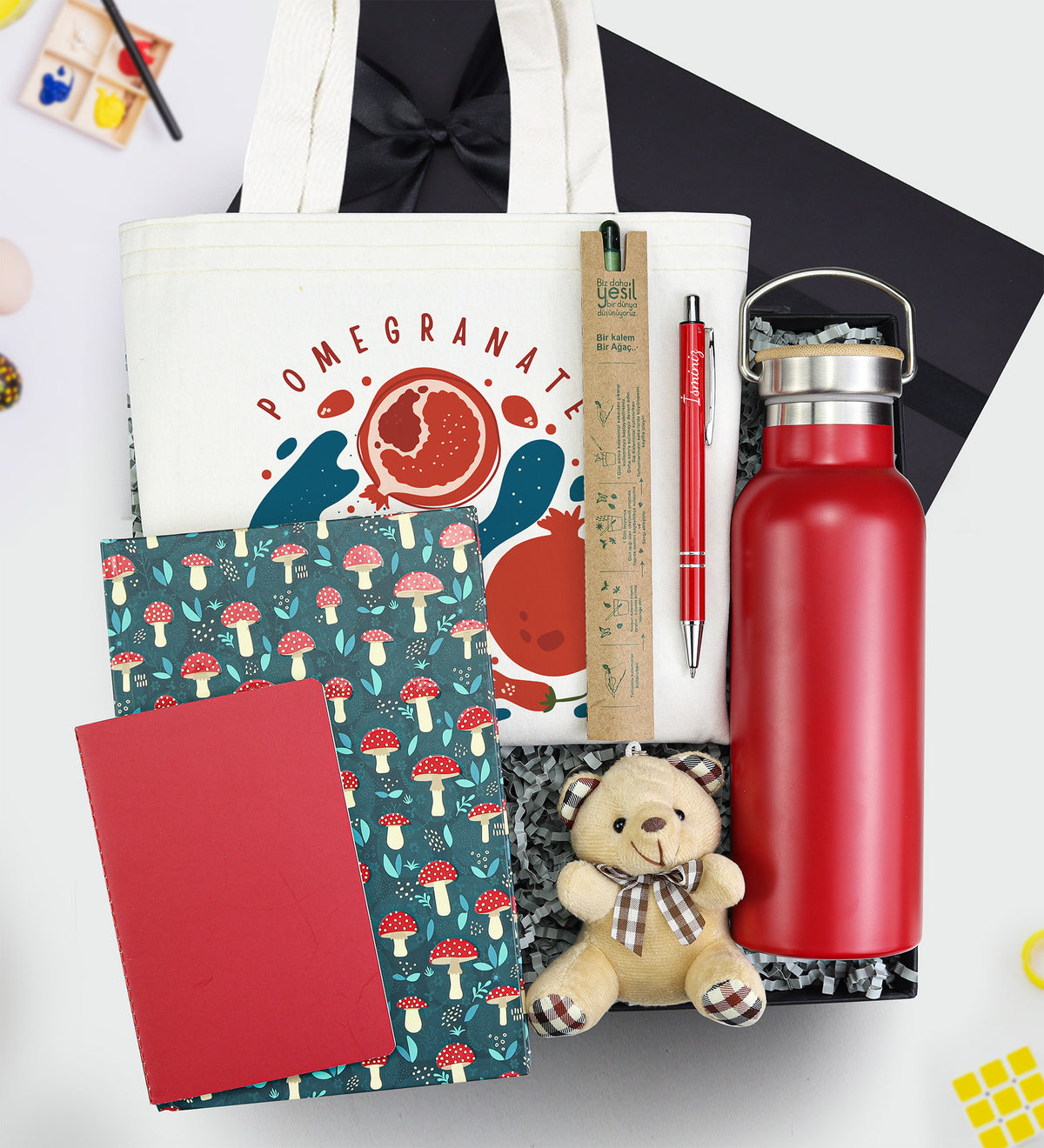 Matara & Çanta & Defter & Not Defteri & Kalem & Tohumlu Kalem & Ayıcık Anahtarlık Hediye Seti
