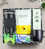 Siyah Silikonlu Termos & Melodi Draje & Rebul Kolonya & Siyah Kupa & Ülker Pastil & 2'li Yeşil Çay Hediye Seti