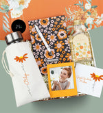 Kişiye Özel Kılıflı Dereceli Cam Matara & Turuncu Papatyalı Defter & Beyaz Tükenmez Kalem & 200 ml Kolonya & Turuncu Çerçeve