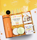 Doğum Günü Kutusunda Turuncu Dereceli Termos & Premium Çikolata & Kupa & Metal Kutulu Mum Doğum Günü Hediyesi