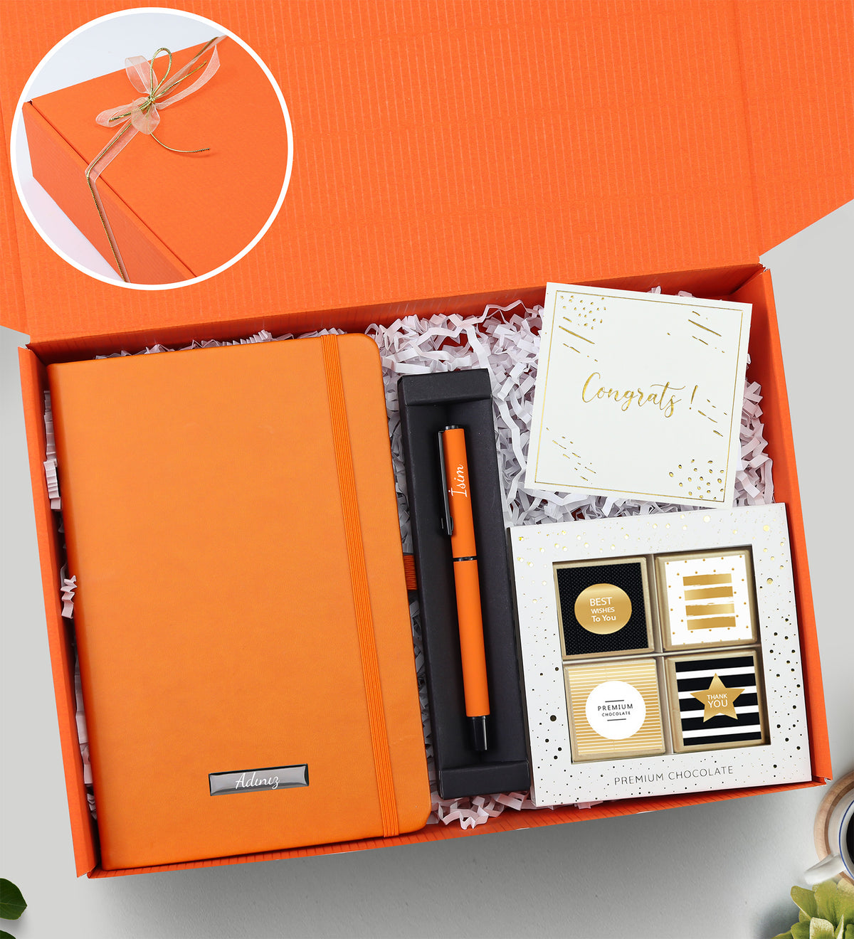 Turuncu Defter & Roller Kalem & Premium Madlen Çikolata Hediye Seti