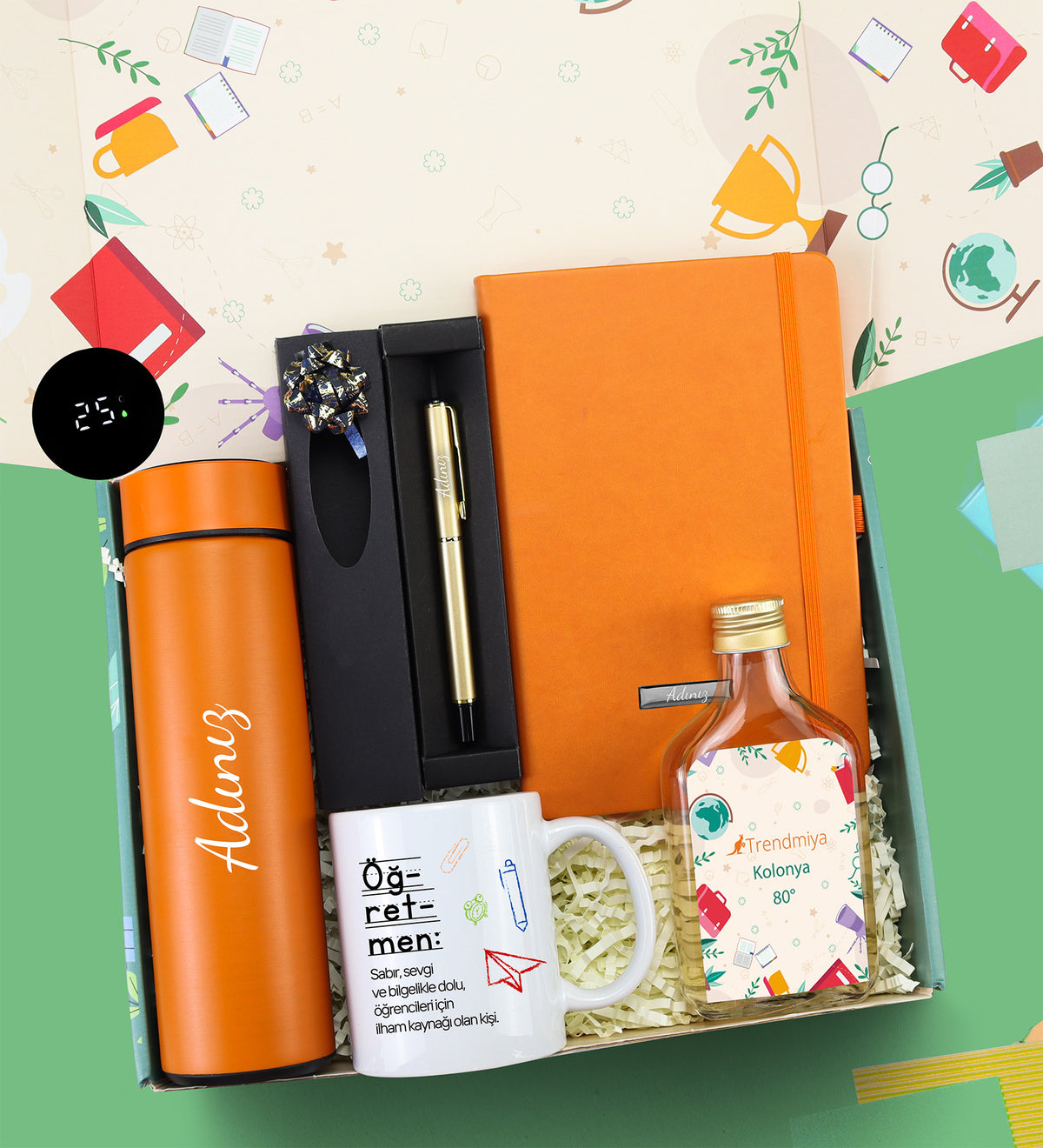 Dereceli Termos & Turuncu Defter & 200ml Kolonya & Gold Roller Kalem & Öğretmen Kupa Hediye Seti