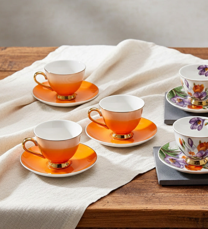 6'lı Turuncu Mor Çiçekli Porselen Kahve Fincanı