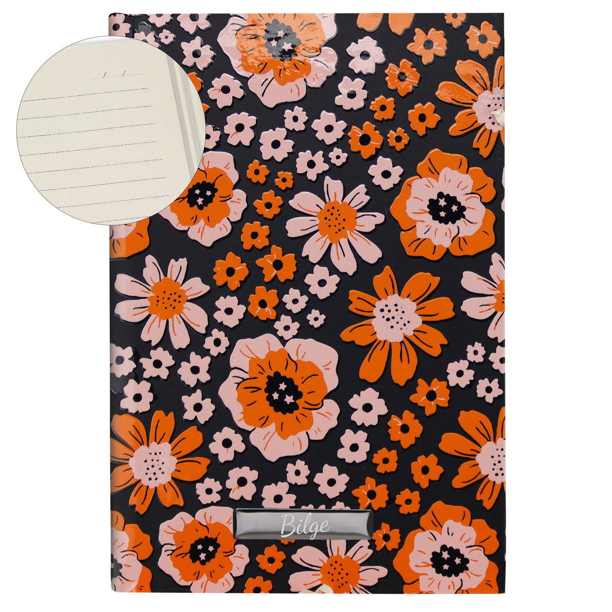 Kişiye Özel Kılıflı Dereceli Cam Matara & Turuncu Papatyalı Defter & Beyaz Tükenmez Kalem & 200 ml Kolonya & Turuncu Çerçeve