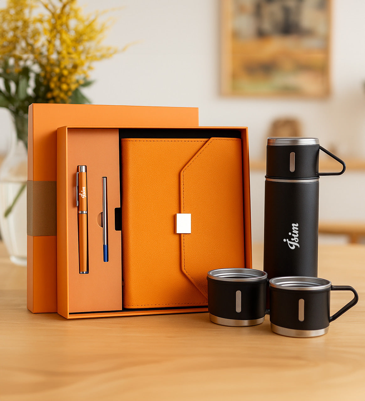 Kutulu Defter Kalem Seti & 3 Bardaklı Termos Hediye Seti